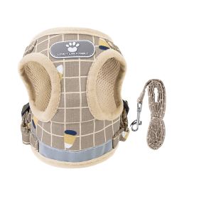 Pet Mesh Harness Dog Leash Set Reflective Chest Strap Adjustable Puppy Vest For Puppies Breeds Dogs Cats Walking Outdoor (Option: Leash KhakiCheckeredL)